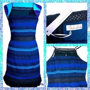 Adelyn Rae Blue Black Lace Illusion Dress Size (M), Fine Crochet Ruffle NWT